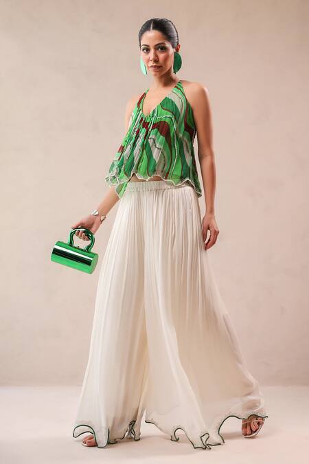 Shop_Pallavi Jaipur_Green Chiffon, Crepe Embroidery, Stones Halter Vegas Top With Ivory Palazzo _Online_at_Aza_Fashions