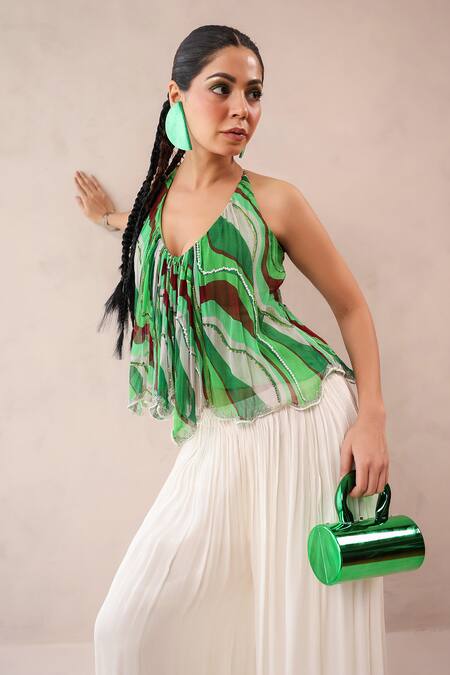 Pallavi Jaipur_Green Chiffon, Crepe Embroidery, Stones Halter Vegas Top With Ivory Palazzo _at_Aza_Fashions