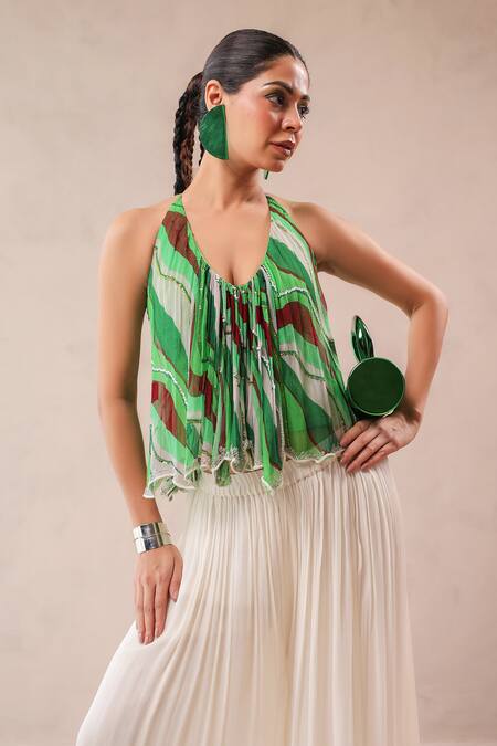 Buy_Pallavi Jaipur_Green Chiffon, Crepe Embroidery, Stones Halter Vegas Top With Ivory Palazzo 