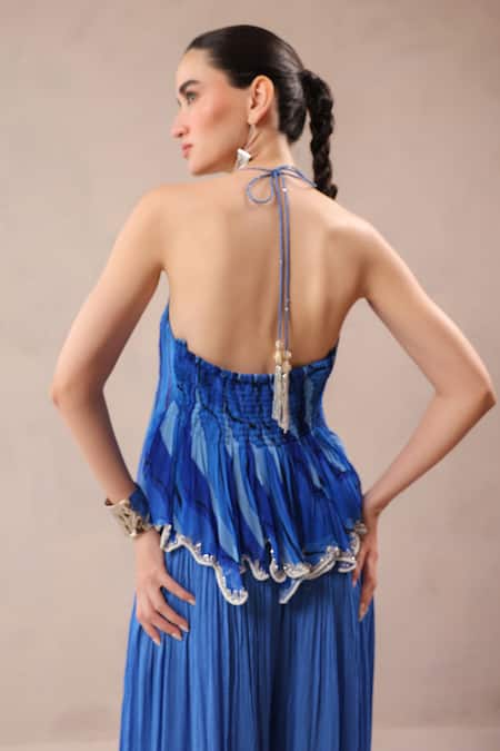 Pallavi Jaipur Vegas Blue Halter Top With Ocean Blue Palazzo 