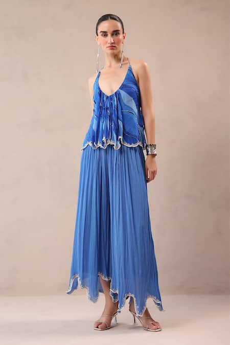 Pallavi Jaipur_Blue Chiffon, Crepe Embroidery, Stones Halter Vegas Top With Ocean Palazzo _Online_at_Aza_Fashions