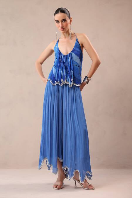 Buy_Pallavi Jaipur_Blue Chiffon, Crepe Embroidery, Stones Halter Vegas Top With Ocean Palazzo _Online_at_Aza_Fashions