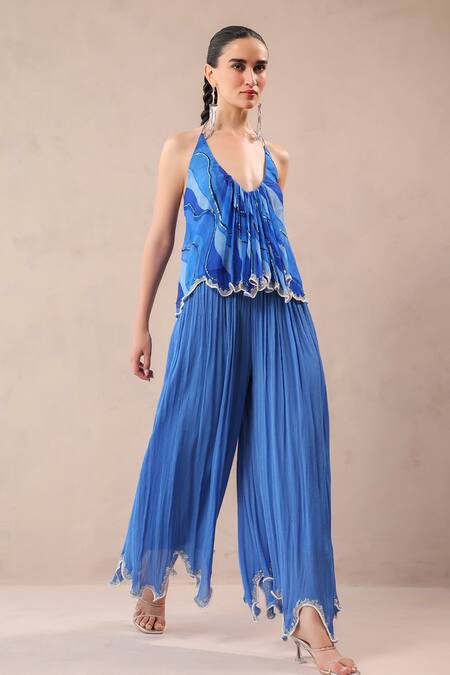Shop_Pallavi Jaipur_Blue Chiffon, Crepe Embroidery, Stones Halter Vegas Top With Ocean Palazzo _Online_at_Aza_Fashions