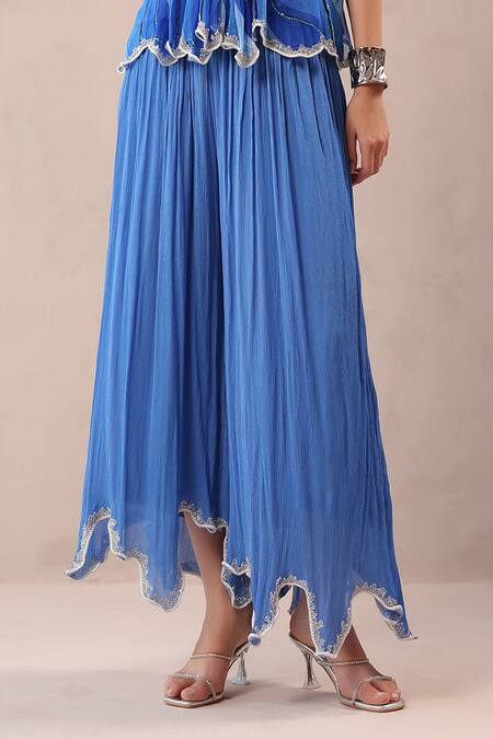 Buy_Pallavi Jaipur_Blue Chiffon, Crepe Embroidery, Stones Halter Vegas Top With Ocean Palazzo 