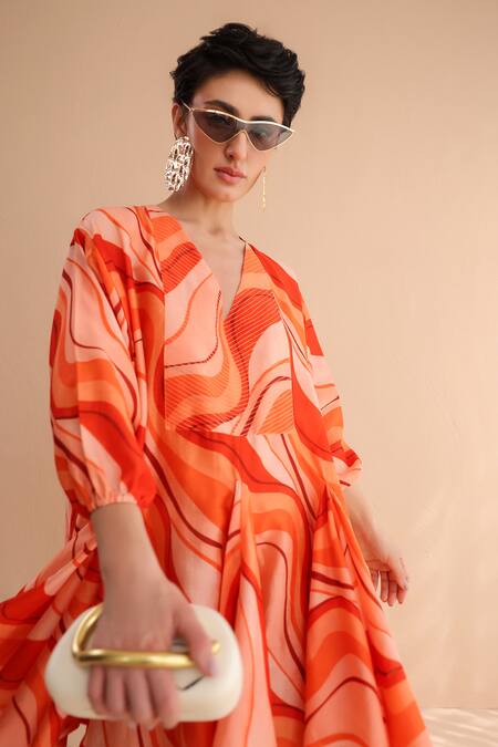 Buy_Pallavi Jaipur_Orange Chanderi Silk Embroidery V-neck Tangie Wave Lehar Print Mini Dress _Online_at_Aza_Fashions