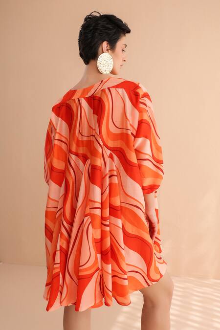 Shop_Pallavi Jaipur_Orange Chanderi Silk Embroidery V-neck Tangie Wave Lehar Print Mini Dress _at_Aza_Fashions