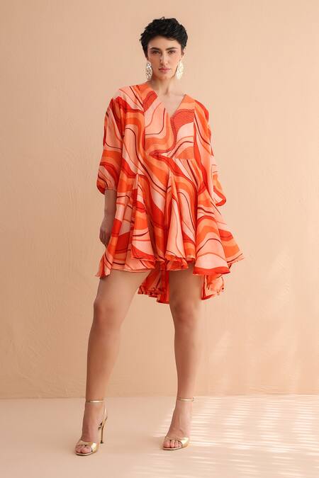 Pallavi Jaipur Orange Chanderi Silk Embroidery V-neck Tangie Wave Lehar Print Mini Dress at Aza Fashions Pallavi Jaipur_Orange Chanderi Silk Embroidery V-neck Tangie Wave Lehar Print Mini Dress _at_Aza_Fashions