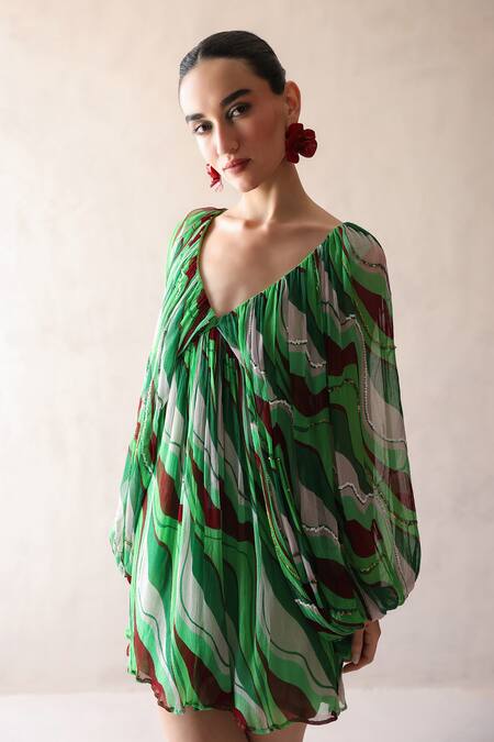 Pallavi Jaipur_Green Chiffon Sequins V-neck California Holiday Mini Dress _Online_at_Aza_Fashions