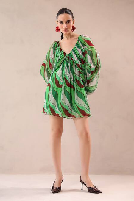 Shop_Pallavi Jaipur_Green Chiffon Sequins V-neck California Holiday Mini Dress _Online_at_Aza_Fashions