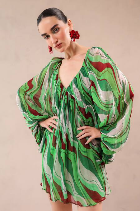 Pallavi Jaipur_Green Chiffon Sequins V-neck California Holiday Mini Dress _at_Aza_Fashions