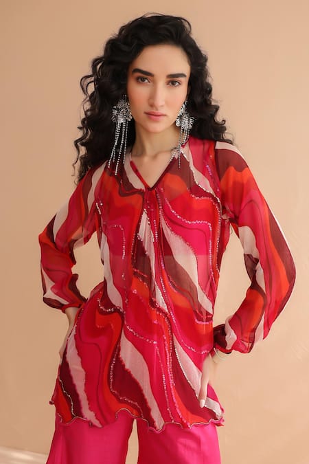 Buy_Pallavi Jaipur_Multi Color Chiffon, Tussar, Silk Sequins, Bloody Mary Tunic With Sharara _Online_at_Aza_Fashions