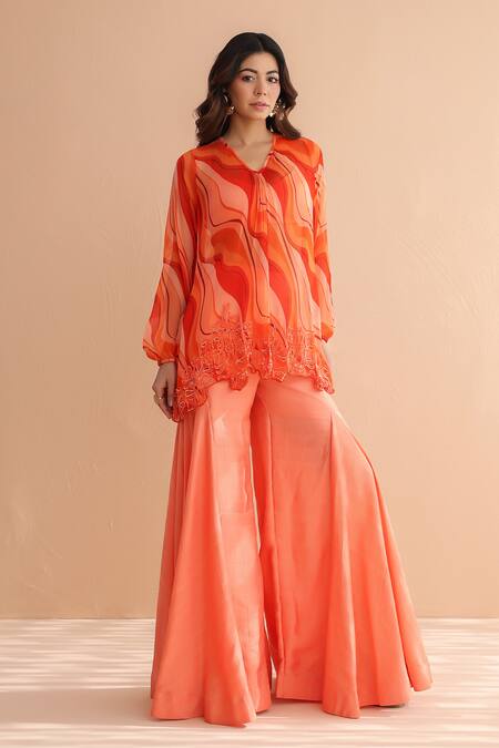Pallavi Jaipur_Orange Chiffon, Tussar, Silk Embroidery Tequila Sunrise Tunic With Sharara _Online_at_Aza_Fashions