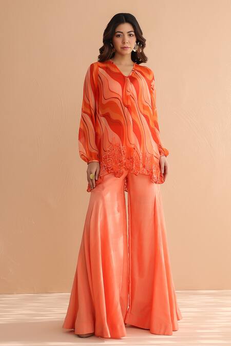 Buy_Pallavi Jaipur_Orange Chiffon, Tussar, Silk Embroidery Tequila Sunrise Tunic With Sharara _Online_at_Aza_Fashions