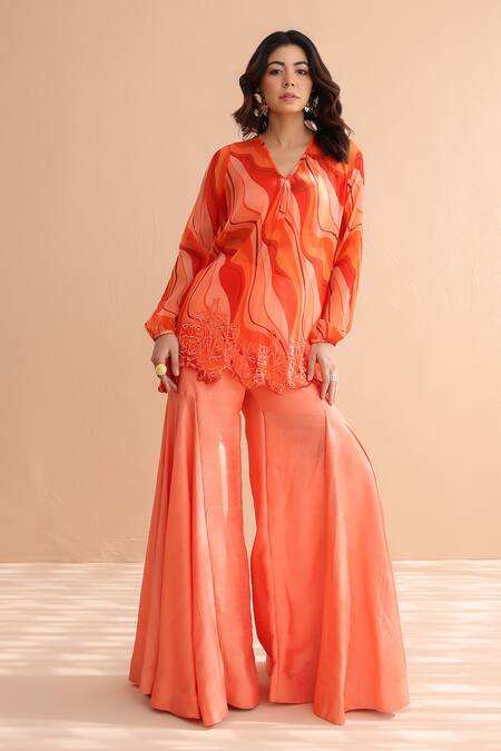 Shop_Pallavi Jaipur_Orange Chiffon, Tussar, Silk Embroidery Tequila Sunrise Tunic With Sharara _Online_at_Aza_Fashions