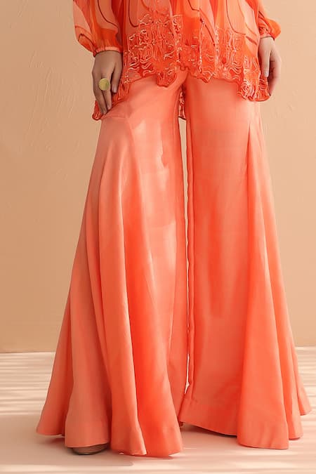 Pallavi Jaipur_Orange Chiffon, Tussar, Silk Embroidery Tequila Sunrise Tunic With Sharara _at_Aza_Fashions