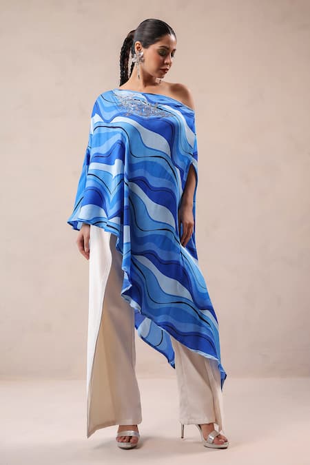 Buy_Pallavi Jaipur_Blue Chanderi Embroidery One Shoulder Atlantic Cruise Cape With Creme Fall Pant _Online_at_Aza_Fashions