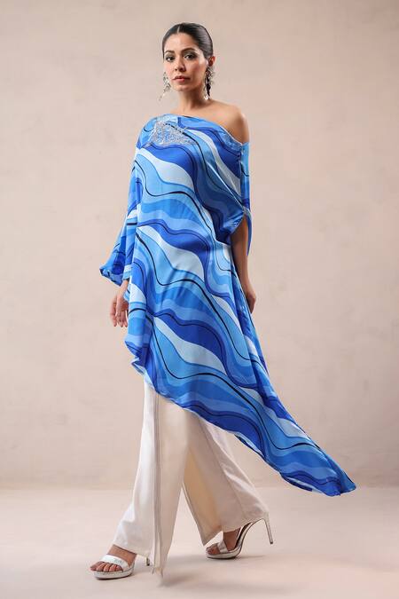 Shop_Pallavi Jaipur_Blue Chanderi Embroidery One Shoulder Atlantic Cruise Cape With Creme Fall Pant _Online_at_Aza_Fashions