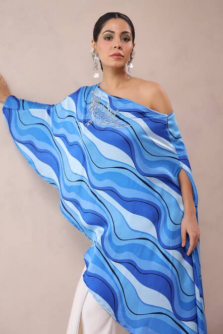 Pallavi Jaipur_Blue Chanderi Embroidery One Shoulder Atlantic Cruise Cape With Creme Fall Pant _at_Aza_Fashions