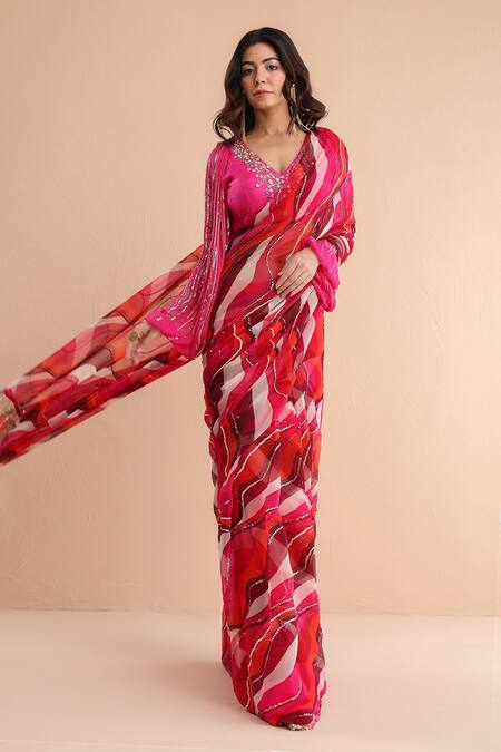 Pallavi Jaipur_Fuchsia Chiffon, Tussar Pre-draped Cosmopolitian Saree With Bohemium Blouse _Online_at_Aza_Fashions