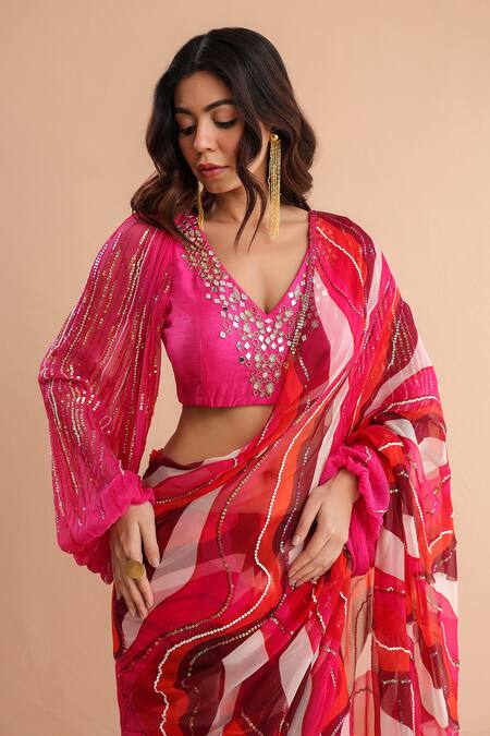 Shop_Pallavi Jaipur_Fuchsia Chiffon, Tussar Pre-draped Cosmopolitian Saree With Bohemium Blouse _Online_at_Aza_Fashions