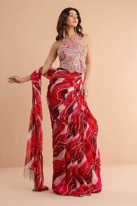 Pallavi Jaipur_Fuchsia Chiffon, Tussar Cosmopolitan Print Pre-draped Saree With Backless Blouse _Online_at_Aza_Fashions