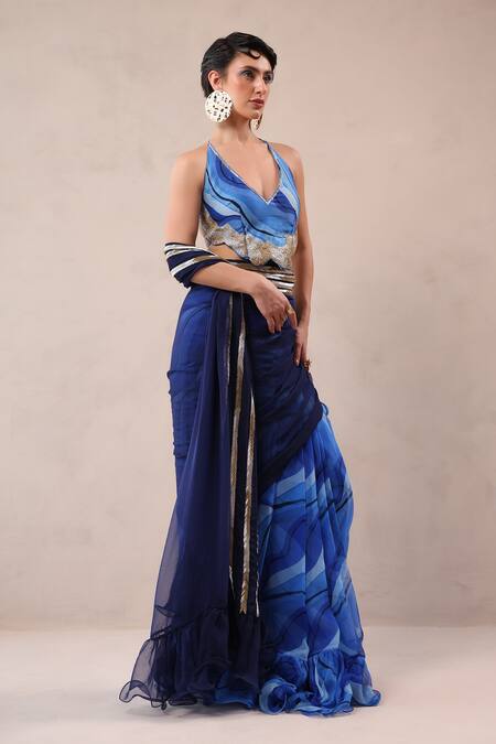 Buy_Pallavi Jaipur_Blue Chiffon, Chanderi Atlantic Lehar Print Pre-pleated Saree With Blouse _Online_at_Aza_Fashions