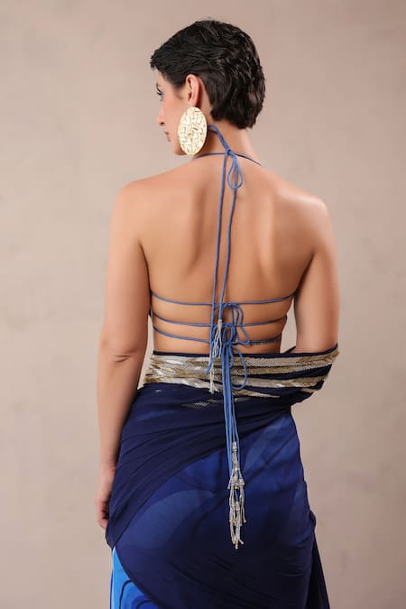 Shop_Pallavi Jaipur_Blue Chiffon, Chanderi Atlantic Lehar Print Pre-pleated Saree With Blouse _at_Aza_Fashions