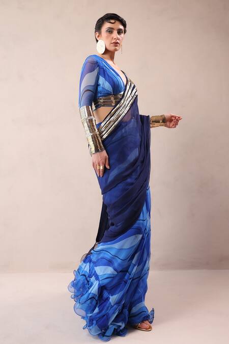 Pallavi Jaipur_Blue Chiffon Zari, Embroidery V-neck Ruffle Pre-pleated Saree With Blouse _Online_at_Aza_Fashions