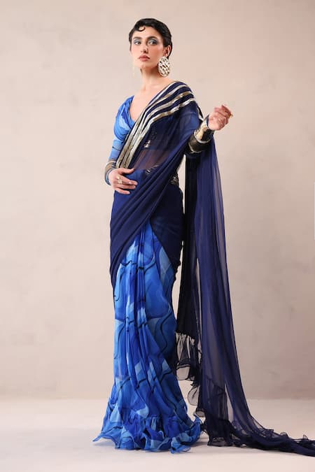 Buy_Pallavi Jaipur_Blue Chiffon Zari, Embroidery V-neck Ruffle Pre-pleated Saree With Blouse _Online_at_Aza_Fashions