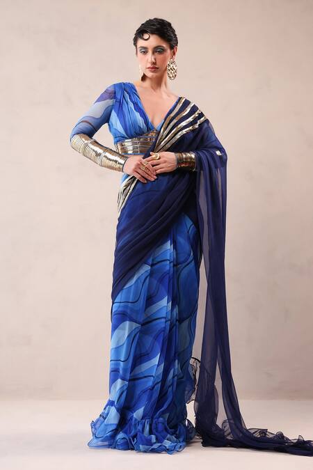 Shop_Pallavi Jaipur_Blue Chiffon Zari, Embroidery V-neck Ruffle Pre-pleated Saree With Blouse _Online_at_Aza_Fashions