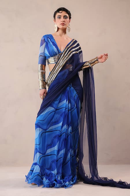 Pallavi Jaipur Blue Chiffon Zari, Embroidery V-neck Ruffle Pre-pleated Saree With Blouse 