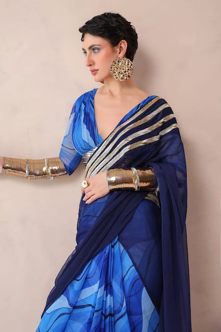 Pallavi Jaipur_Blue Chiffon Zari, Embroidery V-neck Ruffle Pre-pleated Saree With Blouse _at_Aza_Fashions