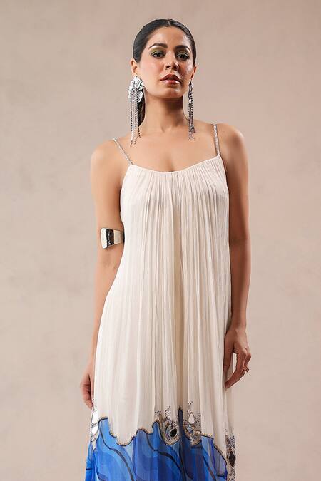 Pallavi Jaipur_Ivory Crepe, Chiffon Mirrors, Sequins Scoop Neck La Bling Ruched Jumpsuit _Online_at_Aza_Fashions