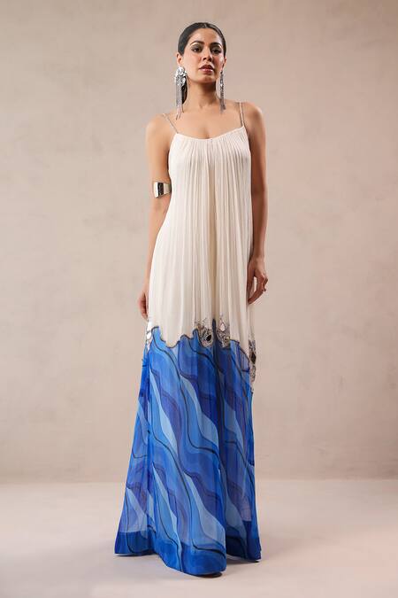 Buy_Pallavi Jaipur_Ivory Crepe, Chiffon Mirrors, Sequins Scoop Neck La Bling Ruched Jumpsuit _Online_at_Aza_Fashions