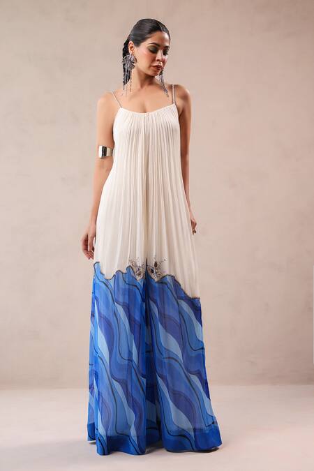 Shop_Pallavi Jaipur_Ivory Crepe, Chiffon Mirrors, Sequins Scoop Neck La Bling Ruched Jumpsuit _Online_at_Aza_Fashions