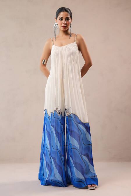 Pallavi Jaipur_Ivory Crepe, Chiffon Mirrors, Sequins Scoop Neck La Bling Ruched Jumpsuit _at_Aza_Fashions