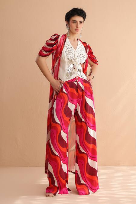 Pallavi Jaipur_Ivory Chanderi, Chiffon, Silk Mirrors Sheesha Waistcoat And Printed Pant Set _Online_at_Aza_Fashions