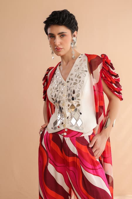 Shop_Pallavi Jaipur_Ivory Chanderi, Chiffon, Silk Mirrors Sheesha Waistcoat And Printed Pant Set _Online_at_Aza_Fashions