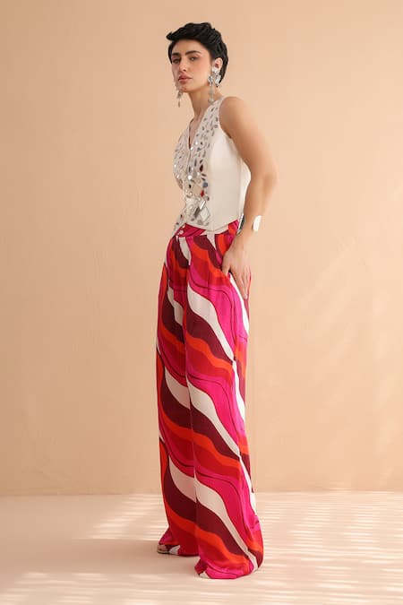 Shop Pallavi Jaipur Off White Chanderi, Silk Mirrors, Sheesha Waistcoat And Fushcia Printed Pant Set at Aza Fashions Shop_Pallavi Jaipur_Off White Chanderi, Silk Mirrors, Sheesha Waistcoat And Fushcia Printed Pant Set _at_Aza_Fashions