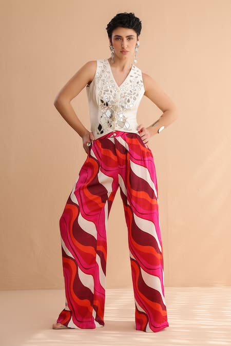 Pallavi Jaipur Off White Chanderi, Silk Mirrors, Sheesha Waistcoat And Fushcia Printed Pant Set 
