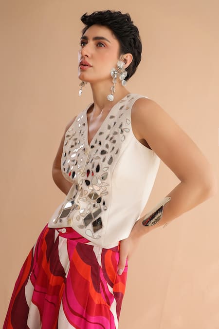 Shop_Pallavi Jaipur_Off White Chanderi, Silk Mirrors, Sheesha Waistcoat And Fushcia Printed Pant Set _Online_at_Aza_Fashions