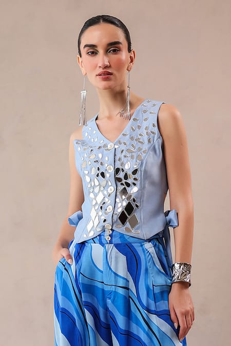 Pallavi Jaipur Sky Blue Chanderi, Silk Mirrors, Embroidery Sheesha Waistcoat And Printed Pant Set Online at Aza Fashions Pallavi Jaipur_Sky Blue Chanderi, Silk Mirrors, Embroidery Sheesha Waistcoat And Printed Pant Set _Online_at_Aza_Fashions