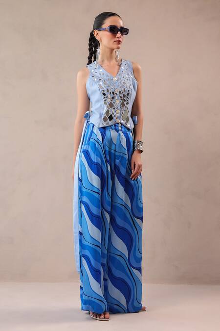Shop_Pallavi Jaipur_Sky Blue Chanderi, Silk Mirrors, Embroidery Sheesha Waistcoat And Printed Pant Set _Online_at_Aza_Fashions