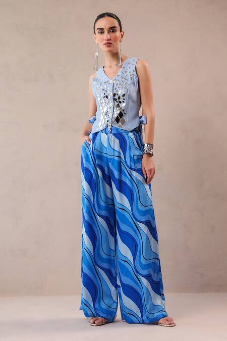 Pallavi Jaipur_Sky Blue Chanderi, Silk Mirrors, Embroidery Sheesha Waistcoat And Printed Pant Set _at_Aza_Fashions
