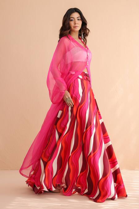 Pallavi Jaipur_Fuchsia Organza, Chanderi, Silk Pink Martini Jacket And Printed Skirt Set _Online_at_Aza_Fashions