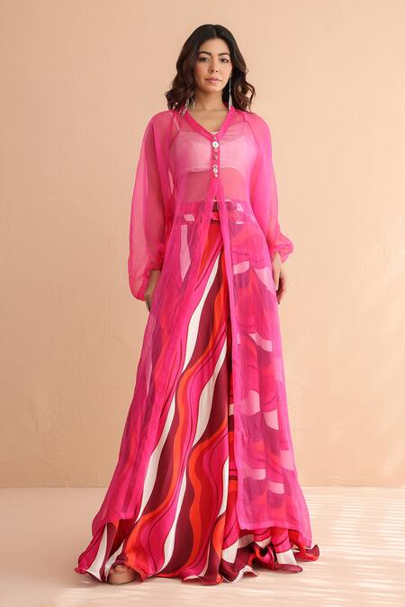 Shop_Pallavi Jaipur_Fuchsia Organza, Chanderi, Silk Pink Martini Jacket And Printed Skirt Set _Online_at_Aza_Fashions