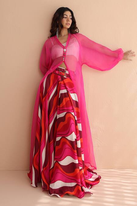 Buy_Pallavi Jaipur_Fuchsia Organza, Chanderi, Silk Pink Martini Jacket And Printed Skirt Set 