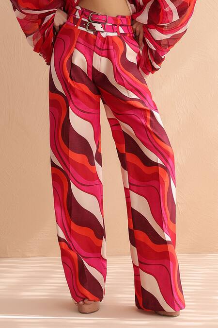 Buy_Pallavi Jaipur_Fuchsia Chiffon, Chanderi, Crepe V-neck Pink Boho Diva Top And Pant Set _Online_at_Aza_Fashions