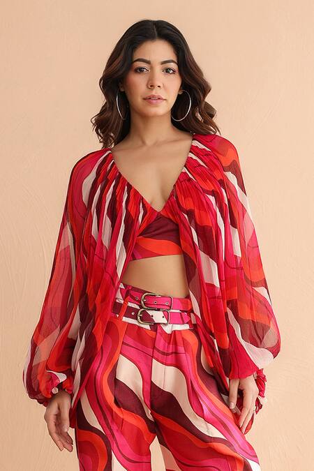 Shop_Pallavi Jaipur_Fuchsia Chiffon, Chanderi, Crepe V-neck Pink Boho Diva Top And Pant Set _Online_at_Aza_Fashions