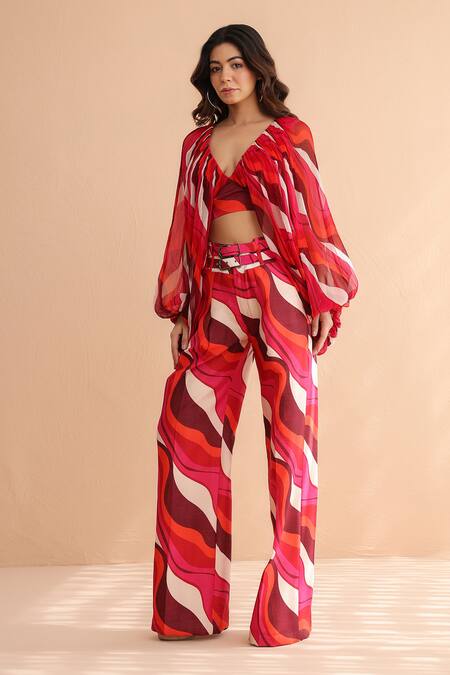 Pallavi Jaipur_Fuchsia Chiffon, Chanderi, Crepe V-neck Pink Boho Diva Top And Pant Set _at_Aza_Fashions